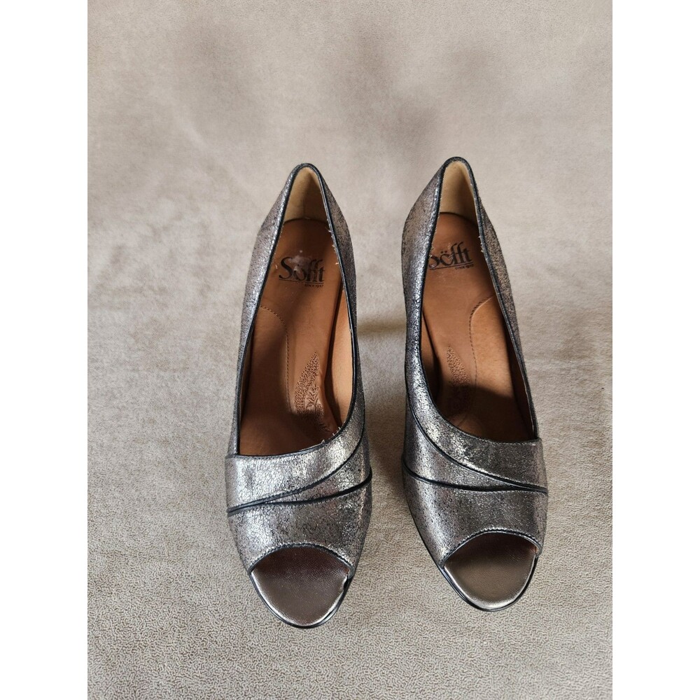 Sofft Silver Metallic Crackle Leather Heels Pumps Comfort Size 8.5 Peep Toe